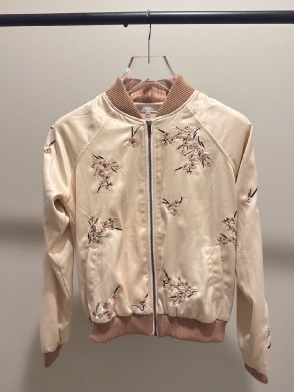 Lovers + Friends Worldwide Floral Embroidered Satin Bomber Jacket XS